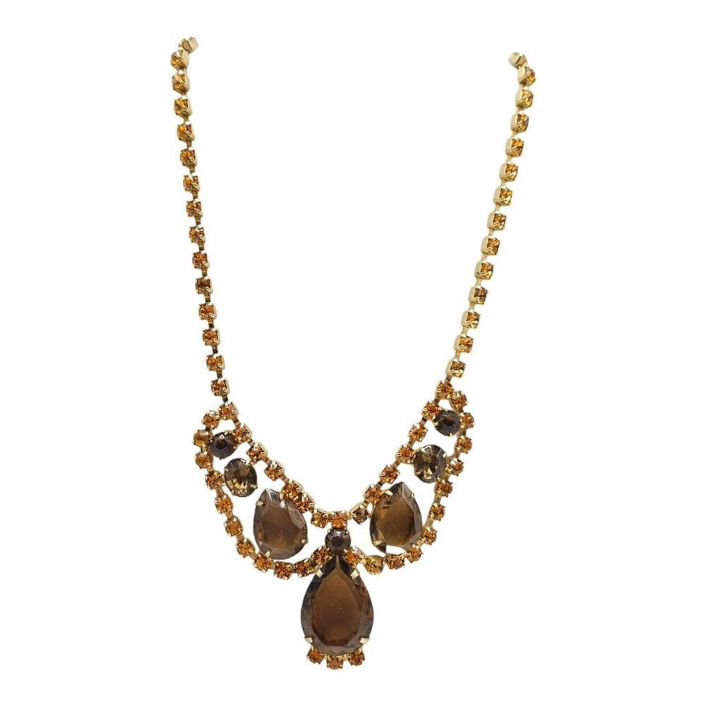 Amber Topaz Rhinestone Statement Choker Necklace Vintage Mid Century Modern